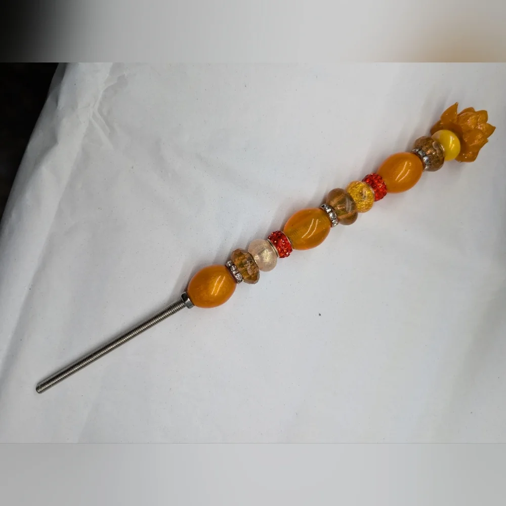 Orange Beaded Fairy Wand/Plant/Garden Stake W/Resin Succulent/Rose Topper